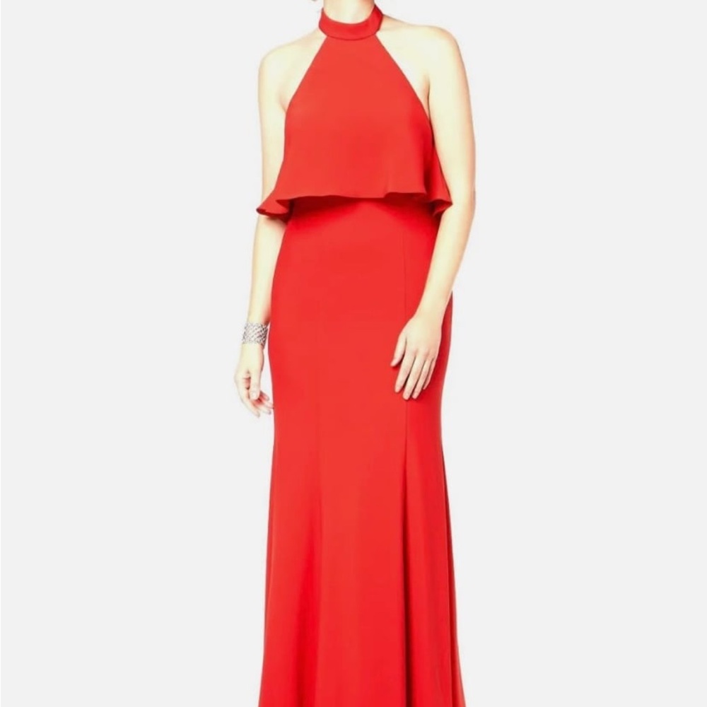 NWT XSCAPE  Popover Halter Gown Orange dress pop over dress sz 2 made in USA